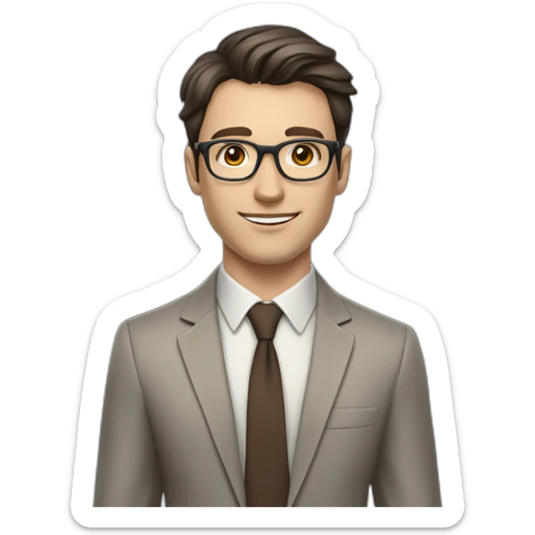 Pale skinned fit man with dark brown hair in gray jacket, beige office shirt, brown tie, brown pants and vintage glasses Writing on the flipchart sticker