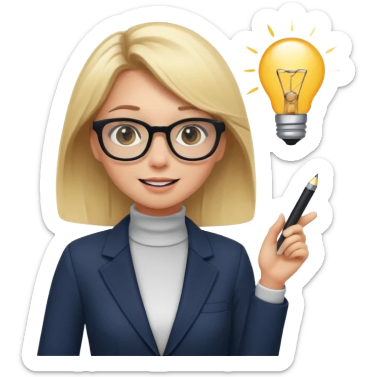 A cute blonde girl emoji in cartoon style as a professional presentation designer. She wears stylish glasses, a modern outfit like a chic blazer or turtleneck, and holds a digital tablet or stylus. She has an excited expression with a lightbulb idea. sticker