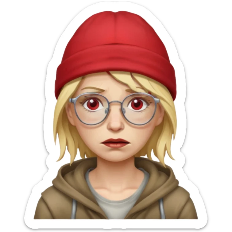 very dirty looking homeless woman with ripped red hat with ugly blond hair and broken glassess sticker