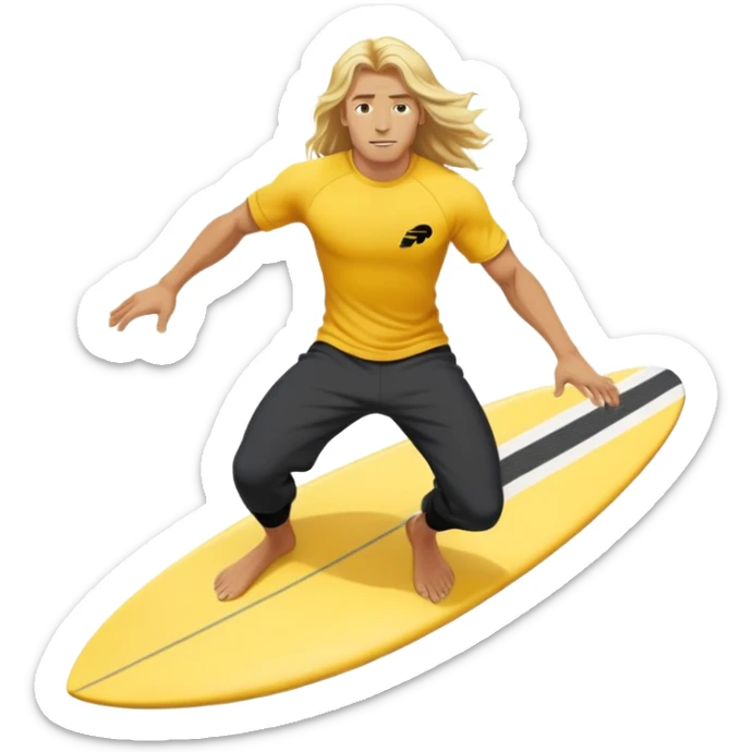 Man Surfer surfing with long blond hair, yellow t-shirt with black Nike logo in center of chest, black baggy sweatpants. On a yellow and white board sticker