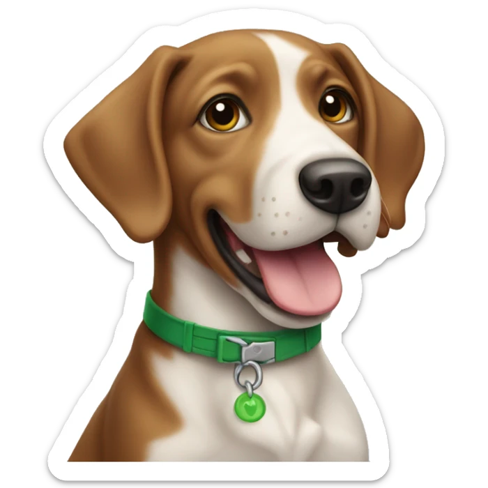 Brown and white dog with green collar and tongue sticking out sticker