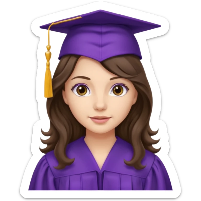 pretty brunette with long wavy hair wearing a purple graduation cap and gown sticker