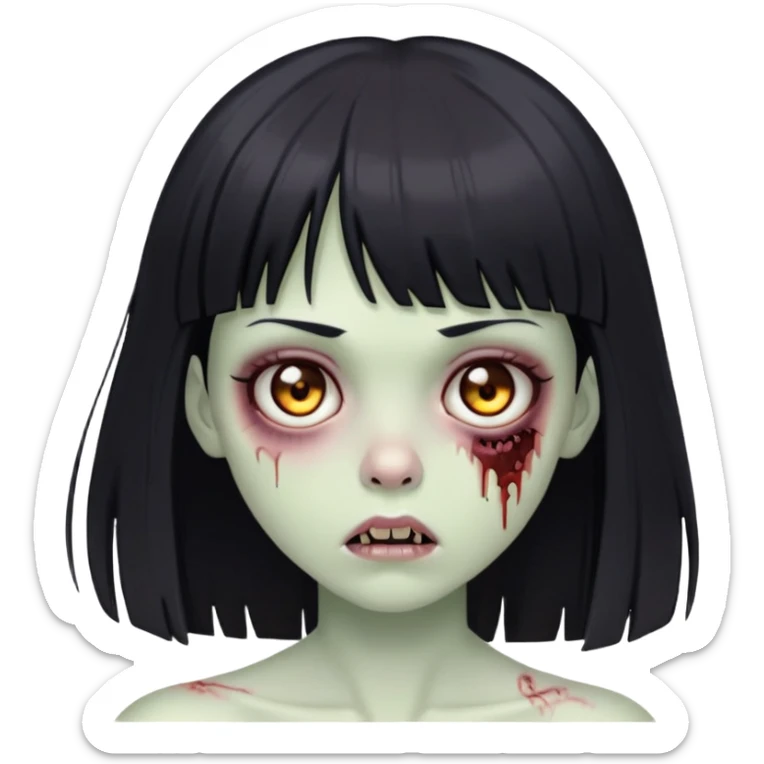 a zombie girl with bangs and straight Black hair and brown eyes sticker