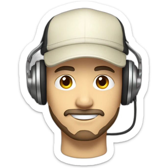 DJ with a cream white hat and headphones hanging over the cap. Brown hair. Short trimmed beard and mustache. Muscular sticker