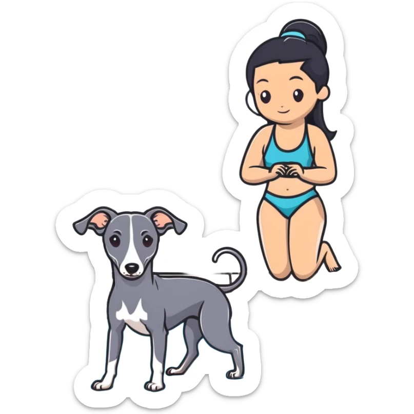 Slim Chinese woman with long black hair in pool attire at an indoor swimming pool with her Italian greyhound that is COMPLETELY and ENTIRELY solid dark grey, with ABSOLUTELY ZERO white markings anywhere on its entire body including face, nose, chest, paws - 100% uniform dark grey color only sticker
