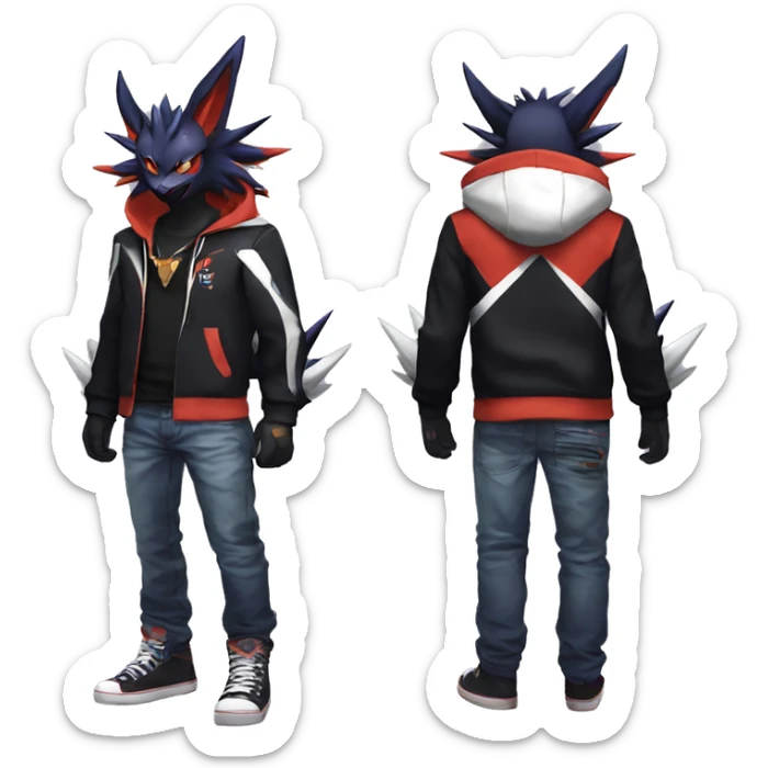 Cool Anthro Black Noivern-Absol-Litten-Pokémon with edgy stripes hoodie spiked collar punk Full Body sticker
