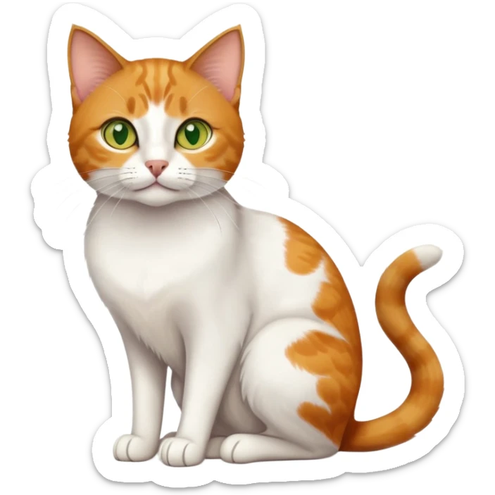 A mix breed cat (domestic shorthair and Arabian mau) sitting, with white fur, three ginger spots on its back, a ginger tail, and yellow-green eyes sticker