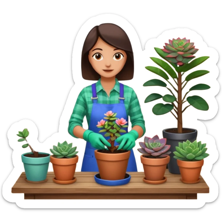 Close-up of a person planting a sapling in a pot. Around, potted plants and succulents with vibrant leaves and flowers. Sunlight filters through the window, casting soft shadows. Cozy indoor space with gardening tools on a wooden table. sticker