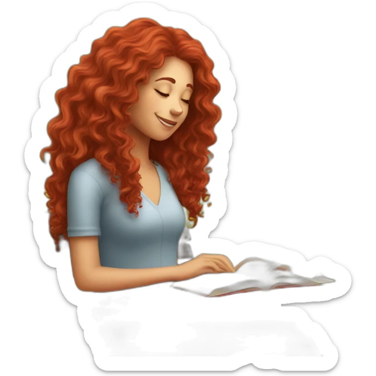 woman with long curly red hair reading a book with a glass of wine in a park sticker