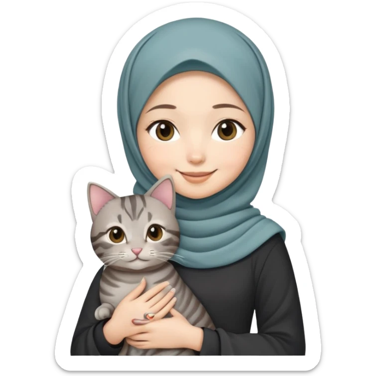 Asian white girl wearing hijab with dress holding a black grey tabby cat while smiling sticker