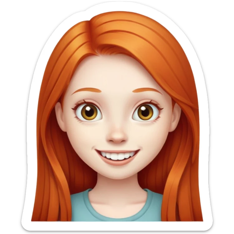 traditional simple emoji of young girl with very pale skin, long straight bright ginger red hair, big eyes, big smile with teeth showing, classic round face sticker