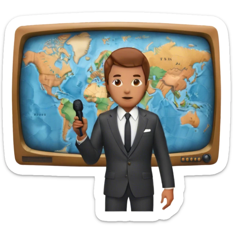 Icon for Documentary Film (TV style): A large vintage TV screen with a serious-looking host standing in front of a map. The host holds a microphone, and the map displays historical or geographical information. Retro TV broadcast style. Transparent background. sticker