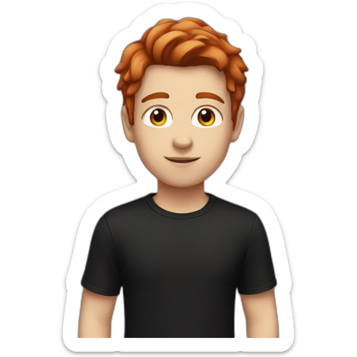 A white teenager with big brown eyes and middle-parted red hair, wearing a black T-shirt. sticker