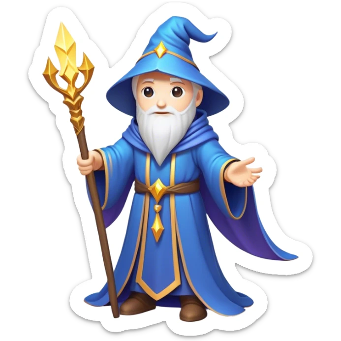 Clash of Clans aesthetic: Cinematic Playful Wizard Hero Emoji, rendered in a 3D vector-style similar to standard emojis with minimal shading and bold, simplified shapes. A compact, isometric figure draped in flowing enchanted robes and wielding a mystical staff, softly glowing with an arcane magical charm. Simplified yet unmistakably iconic, highly detailed and consistent, glowing with a soft radiant glow and high shine. Stylized with a touch of whimsical sorcery and a soft glowing outline, capturing the essence of a powerful wizard ready to cast spells with a friendly, playful spirit! sticker