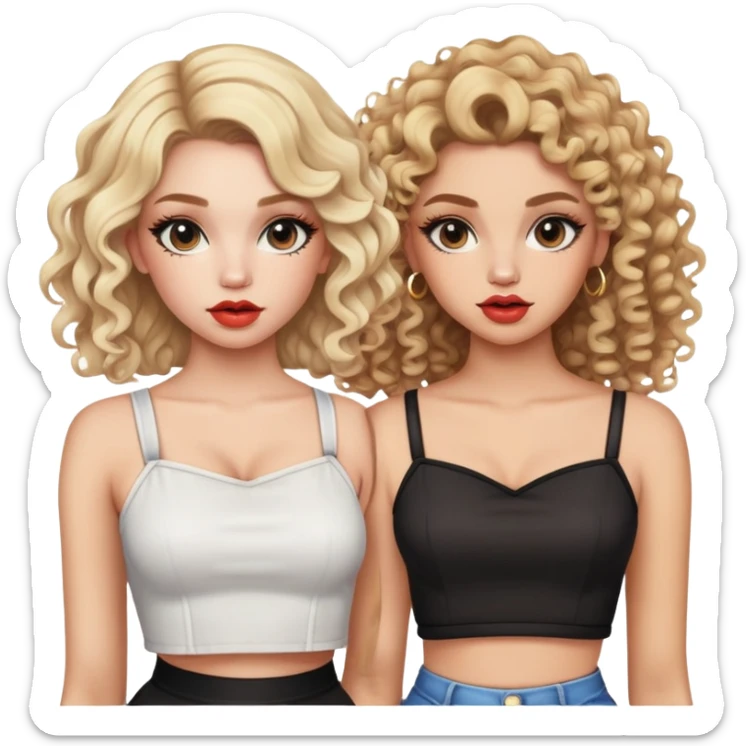 Two teenage girls together, one blonde and one with curly brown hair, both with heavy makeup, big lips, crop tops and choni style clothing sticker