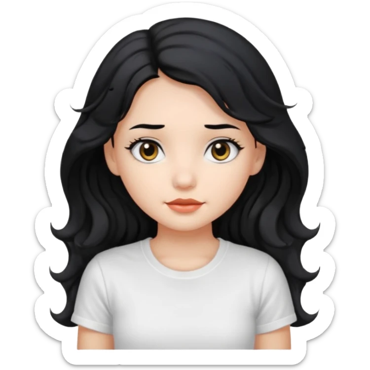 Cute beautiful girl,Black hair,wavy long hair, Black eyes, white T-shirt sticker