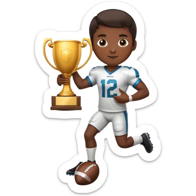 football player with dark brown hair full body image holding a trophy and football sticker