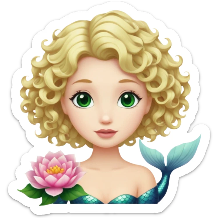 Uma sereia Branca, loira dos cabelos cacheados curtos até o ombro, com olhos verdes escuros, e no cabelo uma flor rosa clara sticker