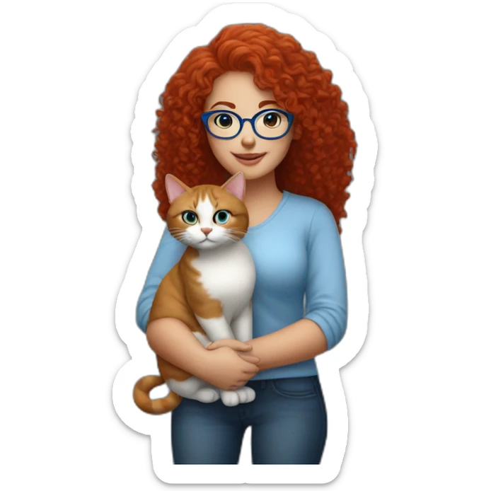 a curvy girl with red curly hair and blue glasses with a white and gray cat in her arms sticker