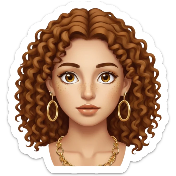 Attractive Greek woman with freckles, long curly hair, gold hoop earrings, small necklace, and lip liner on her lips sticker