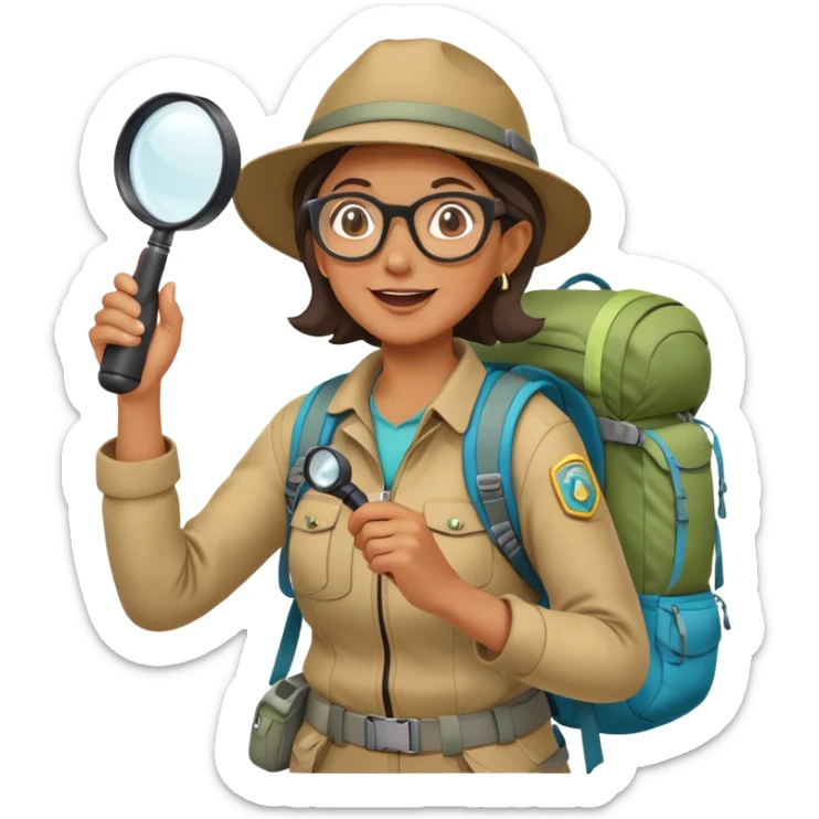 Middle-aged woman explorer with glasses in bright hiking gear and backpack, excitedly holding magnifying glass sticker