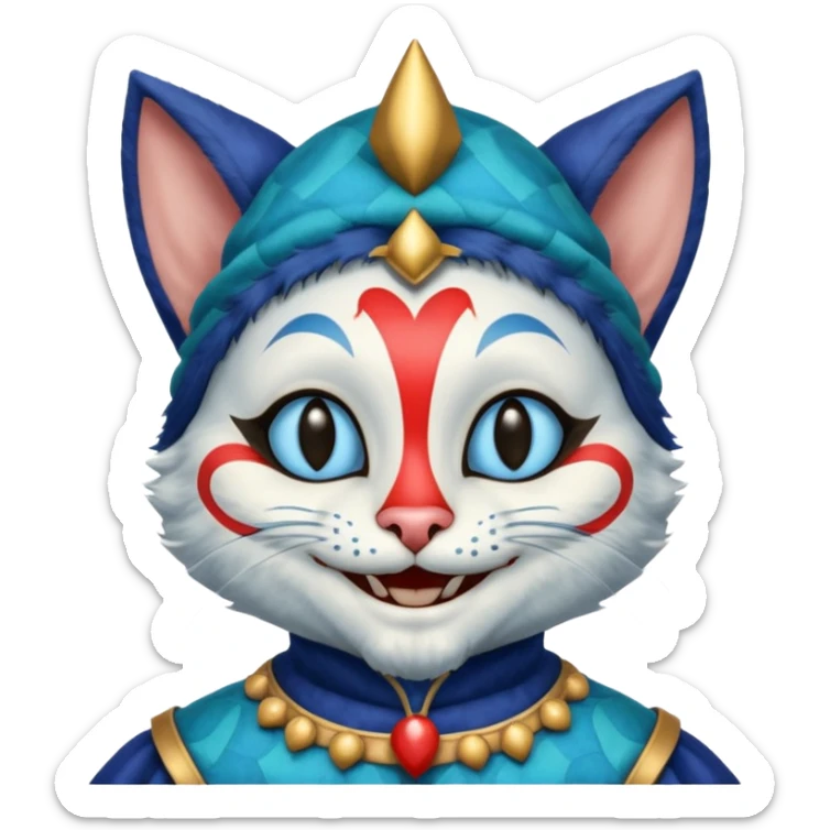 crazy colorful cute little cat jolly joker, medieval, vintage, court jester, mac os icon, blue color sticker
