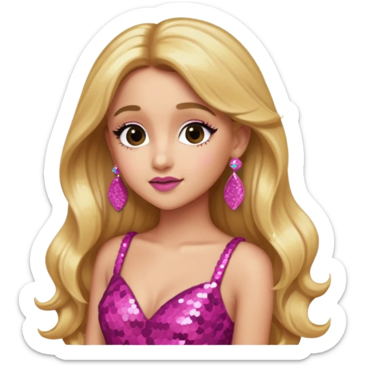 Ariana Grande with long golden blonde hair, dark pink sequin dress, pink earrings sticker