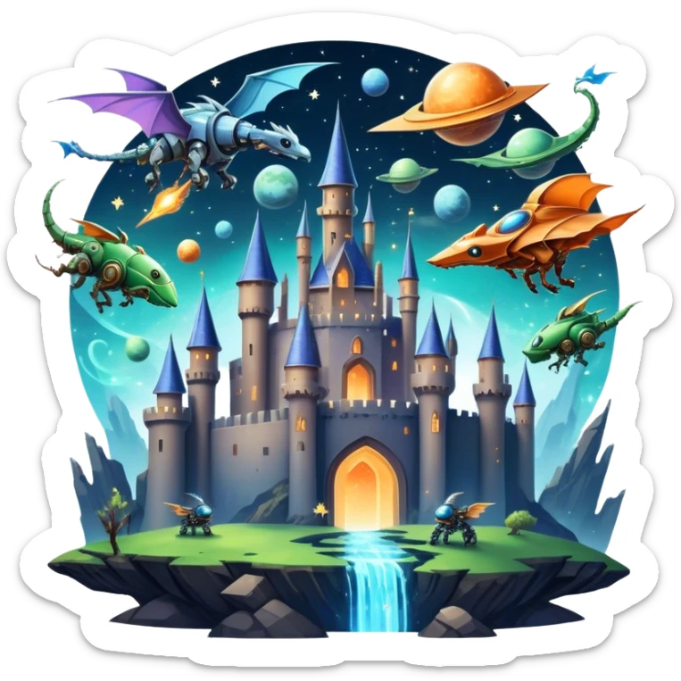 Icon for Fantasy and Sci-Fi Movies: A magical collage with flying dragons. futuristic spaceships and UFOs. Stars and planets shimmer in the background with a mystical castle Hogvards an ancient wizard and robots. The atmosphere is epic, otherworldly and adventurous. Transparent background. sticker