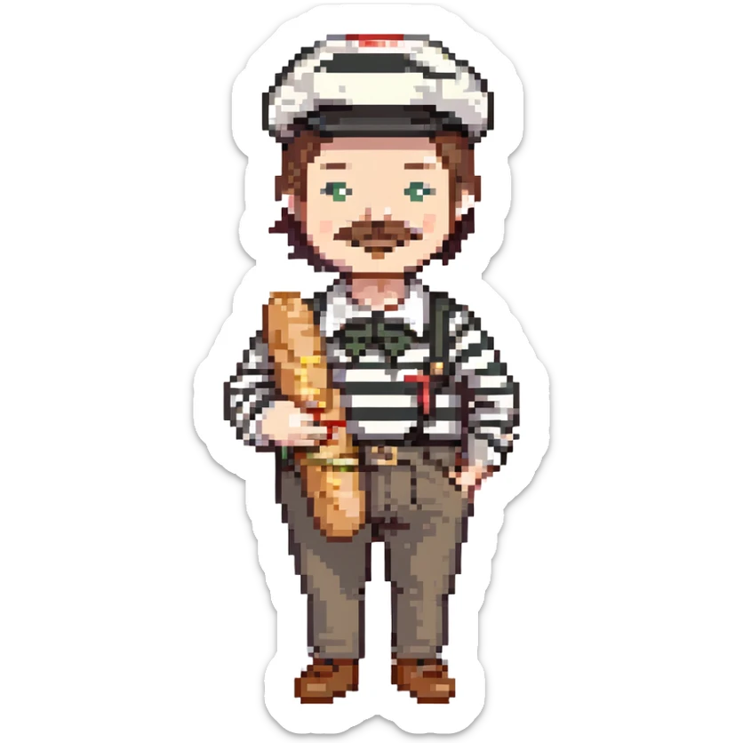 Frenchman with moustache, beret, holding baguette, black and white striped shirt, pixel art style. sticker