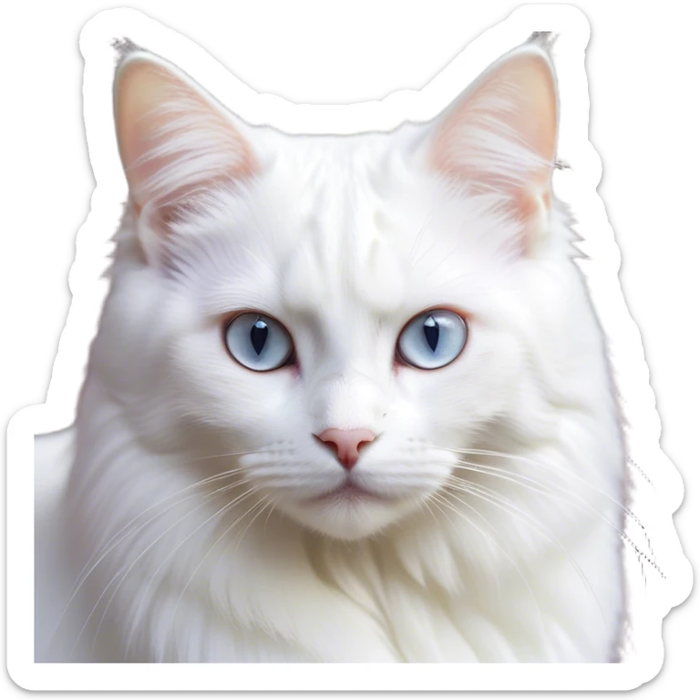 Cinematic Noble White Cat Portrait Emoji, Poised and stately, with a pristine, snow-white fur accented by delicate hints of silver, refined whiskers and a serene, focused gaze, simplified yet impeccably detailed, glowing with an ethereal radiance and timeless elegance, high shine, exuding calm intelligence and regal simplicity, soft glowing outline, capturing the essence of a noble white cat that radiates quiet majesty! sticker