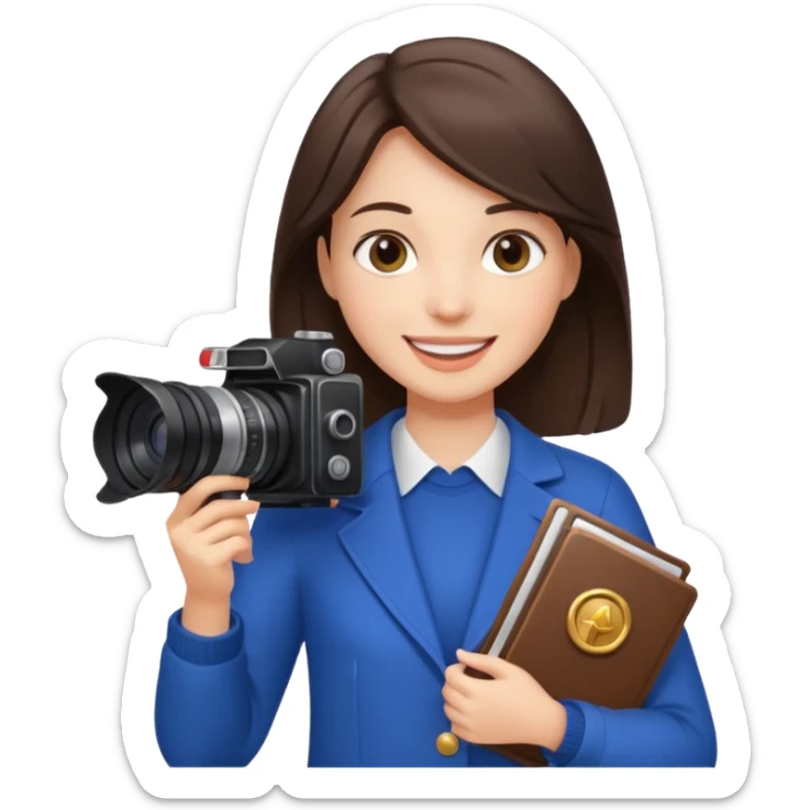 A brunette girl , she’s a proud and successful filmmaker 🍿🌍✨ she’s next to a camera, / holding awards  sticker