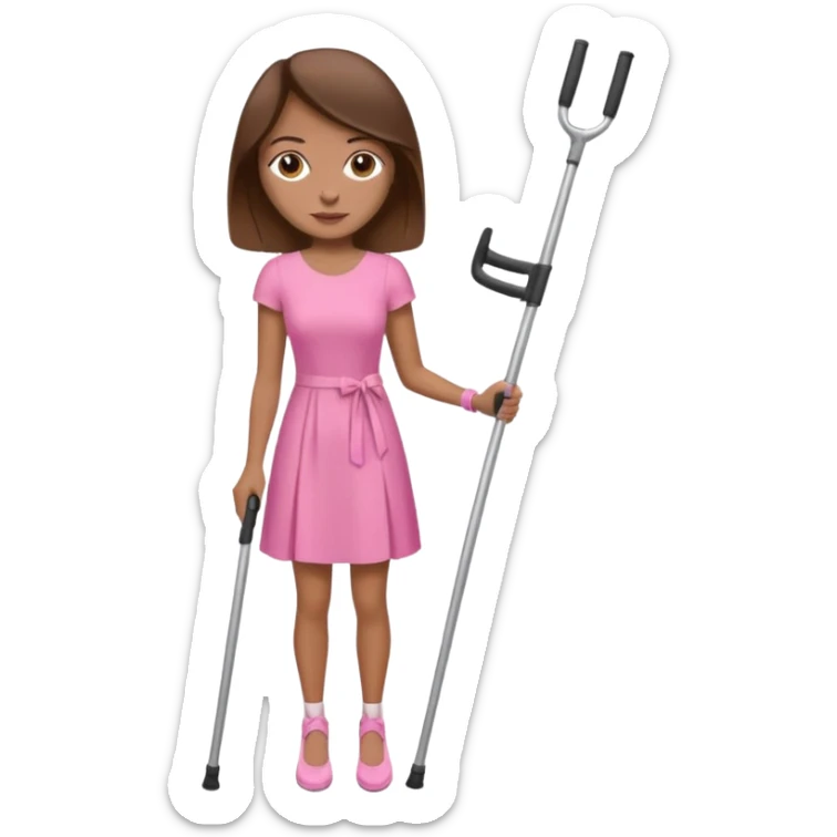 A woman with crutches , a pink dress brown hair and brown eyes sticker