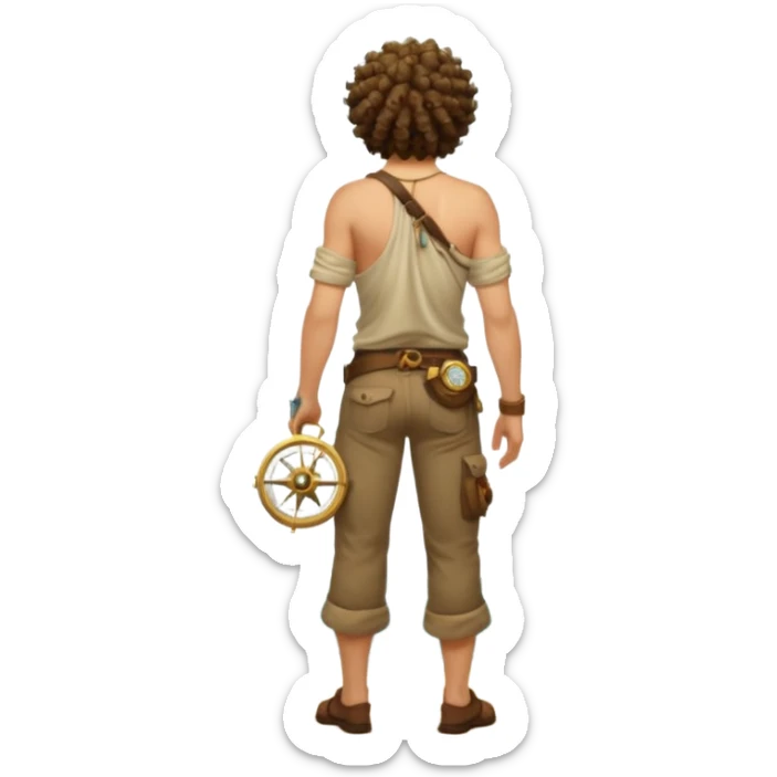 full body jungle explorer man, curly hair, from behind, half-open shirt slipping off shoulders, relic compass in hand sticker