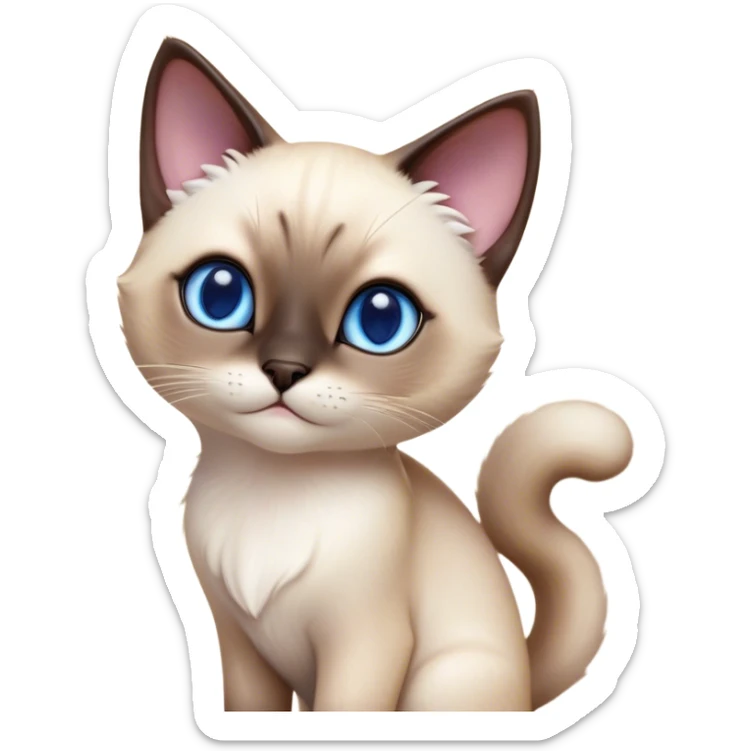 Cinematic Cute Siamese Cat Portrait Emoji, slender body, soft cream-colored fur with rich dark points on the ears, face, paws, and tail, big, sparkling sapphire-blue eyes, Simplified yet irresistibly adorable features, highly detailed, glowing with a warm, cozy glow, high shine, curious yet calm, stylized with a touch of whimsy, bright and endearing, soft glowing outline, capturing the essence of a mischievous yet lazy and loveable kitty, so cuddly it feels like it could waddle right out of the screen for a snuggle! sticker