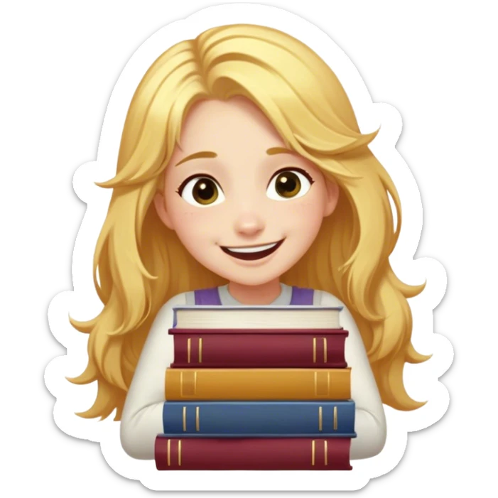 Cinematic Adorable Belle Portrait Emoji, Giggling as she hugs a stack of books, eyes twinkling with excitement, golden hair tousled slightly, a perfect mix of beauty and endearing nerdiness! sticker