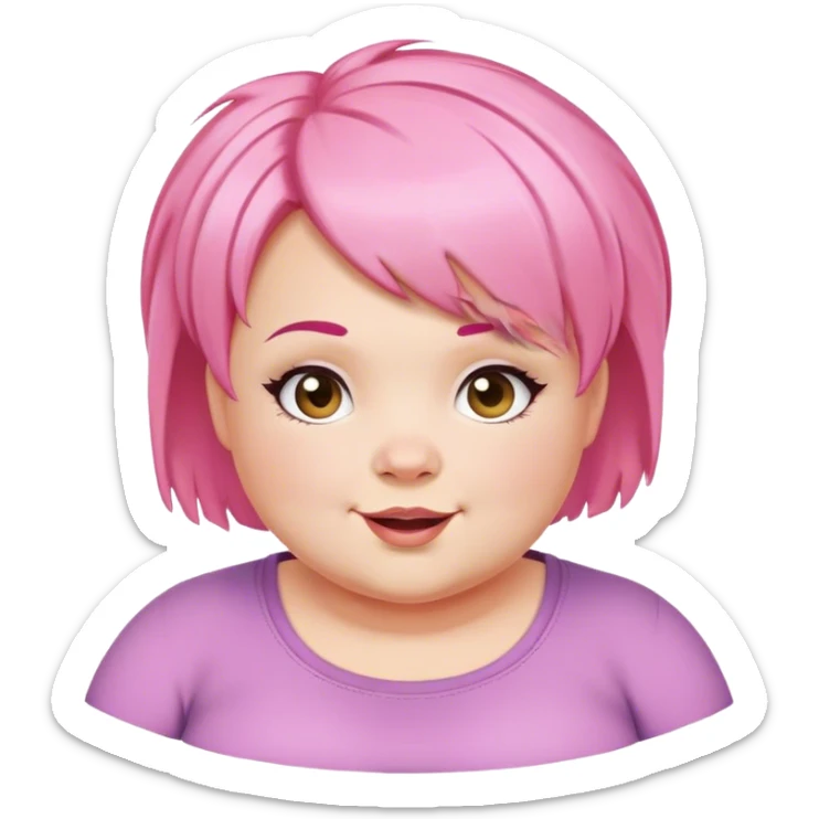 "Create an emoji-style illustration of a chubby Anne-Marie. She should have a round face, a cheerful expression, and her signature short pink hair. Make her look cute and expressive, with a fun and playful vibe." sticker