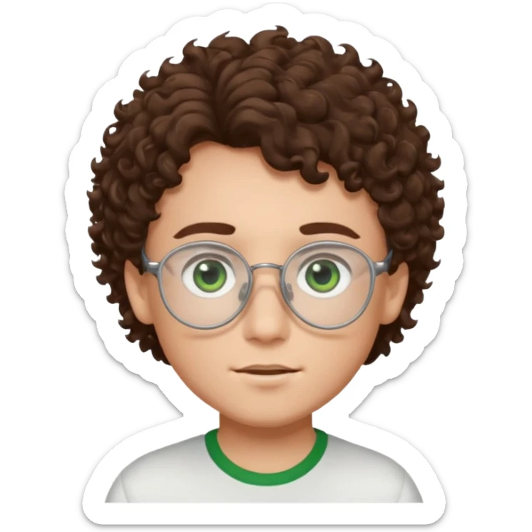 Boy with brown curly hair and dark green eyes in white glasses sticker