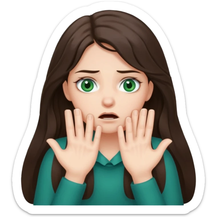 Brunette girl with long hair and bluish green eyes, choking herself with two hands and annoyed looking eyes  sticker