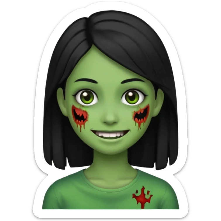 smiling half-zombie girl emoji, straight black hair, green skin, no text sticker
