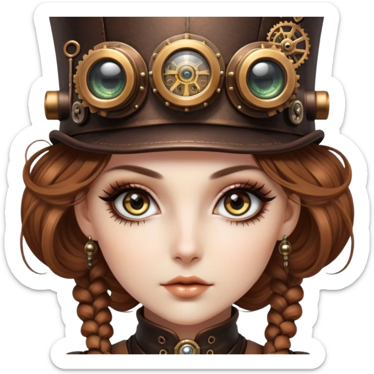 Cinematic 32k HD, Beautiful Steampunk style woman with large glistening eyes, ultra realistic details, each lash, eye, and hair is shown in stunning detail as though captured in a timeless photograph, rich textures, visually rich, so lifelike it could leap off the page at any moment sticker