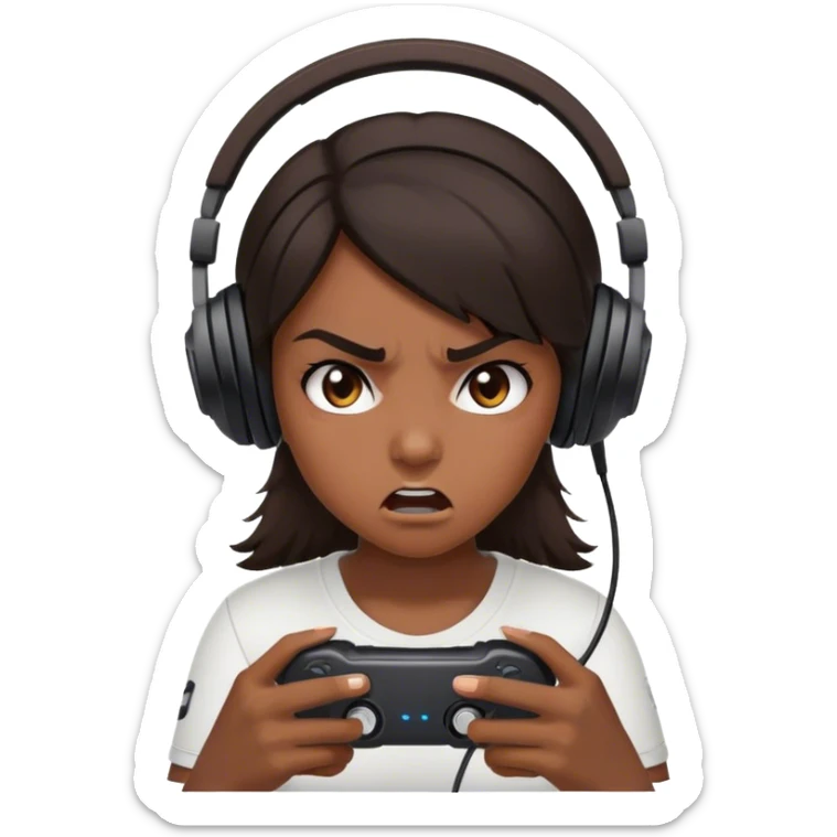 girl with dark brown hair and a black gaming headset. she is angry at the game she is playing sticker