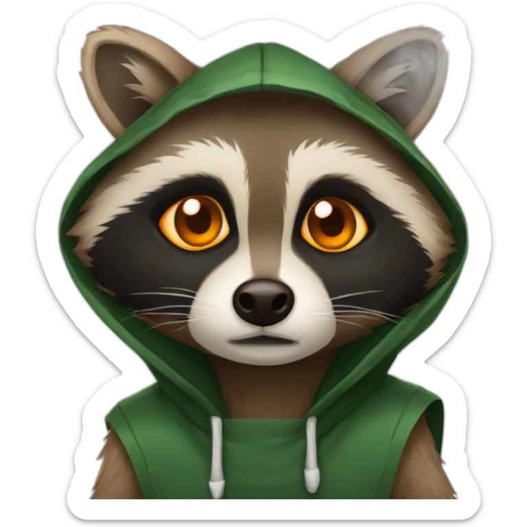 brown raccoon with orange eyes and a dark green hood that is sad sticker