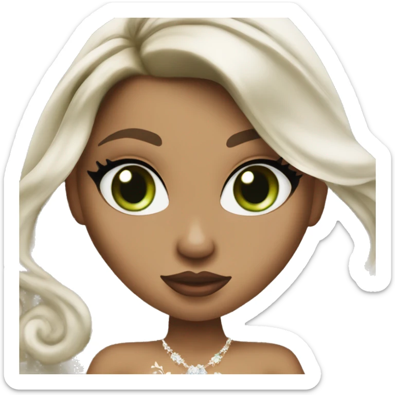 Bratz, bride, brunette wavy long  hair, olive skin, green almond cat eyes sticker