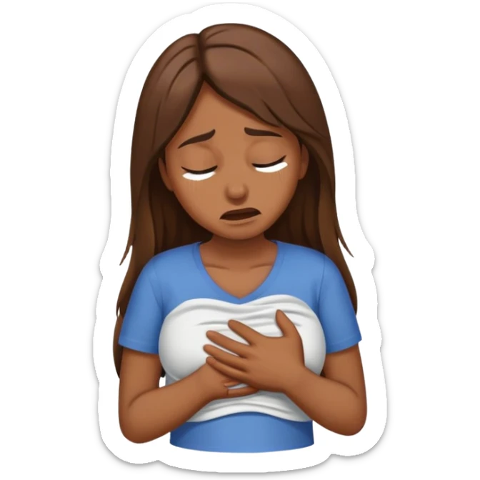 Crying woman with long brown hair rubbing stomach with shirt on sticker