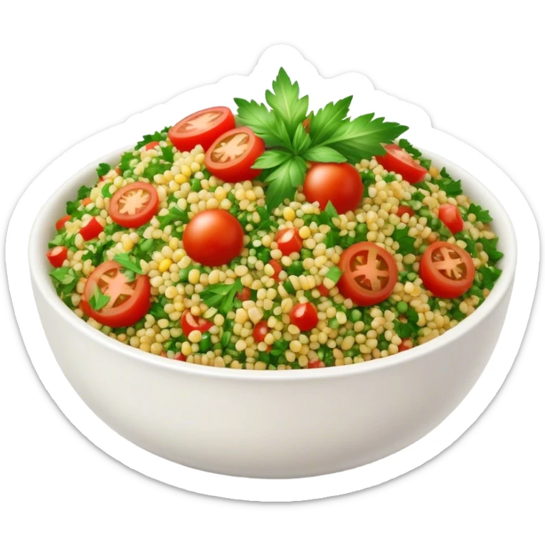 Cinematic Realistic Tabbouleh Salad Dish Emoji, showcasing a fresh herbaceous salad with bulgur, tomatoes, and parsley rendered with crisp textures and natural, vibrant lighting. sticker