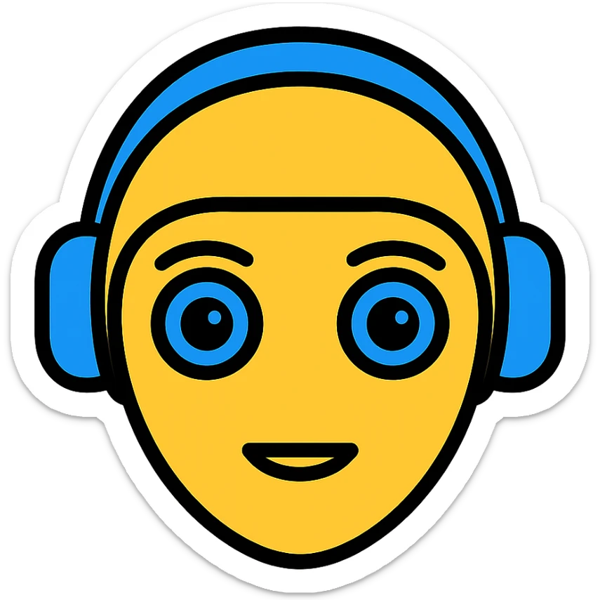Arrange the AI emoji of blue-eyed robot to be more colorful and futuristic in atmosphere, with no background. sticker