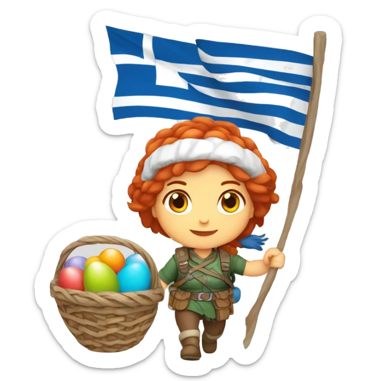 Greek Female winter mountaineer red hair white skin climbing with Greek Flag and Easter eggs basket sticker