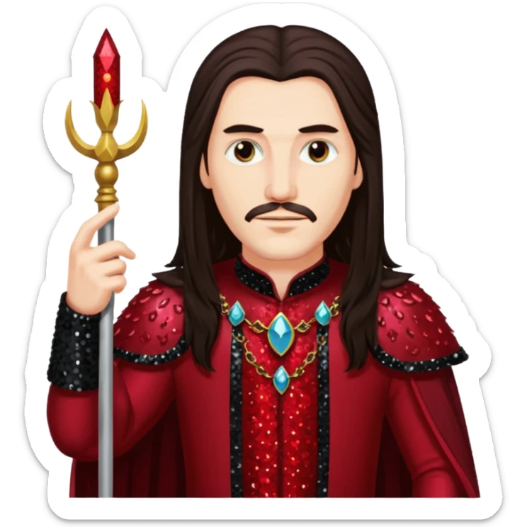 Vlad Tepes with long dark brown hair, dark red sequin outfit sticker