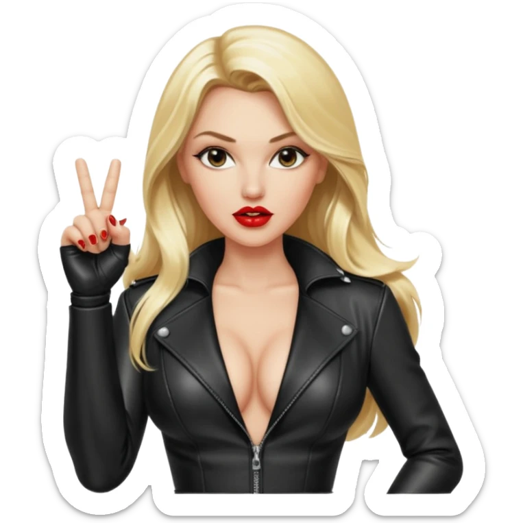 a hott good looking blonde with large breasts, red lips, and long blonde hair with leather sexy outfit and leather high heel boots and she is saying fuck you by giving the universal sign with her middle finger sticker