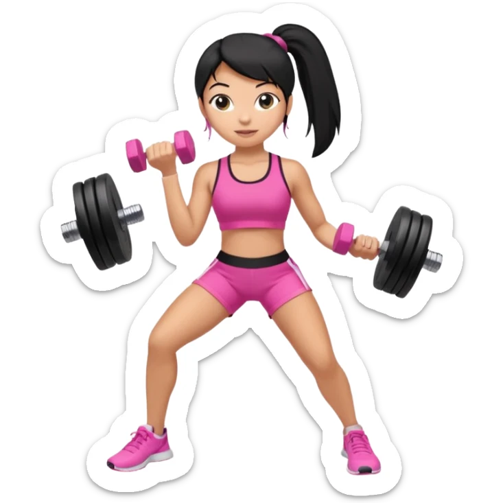 A tan girl with black hair in a ponytail. Wearing a pink gym set. Picking up dumbells sticker